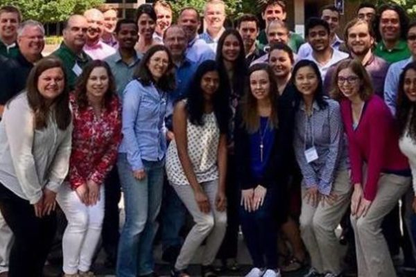Group picture of Data Science students at Orientation in 2019 on Notre Dame's campus.