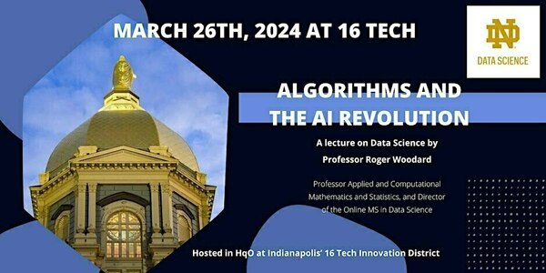 Infographic detailing a virtual session on algorithms and the AI revolution taking place on March 26, 2024.
