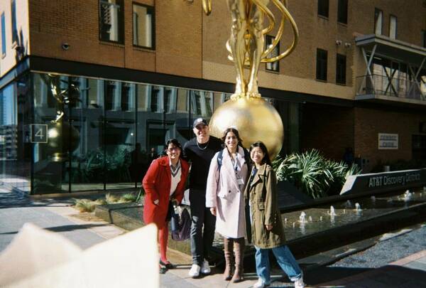 Students standing outside of the AT&T Headquarters in Dallas.
