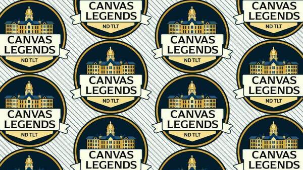 Repeating pattern of circular Canvas Legends logos. A gold and blue graphic of the Main Building at the University of Notre Dame is above a cream banner with "Canvas Legends" in blue text. Below the banner is "ND TLT" also in blue text. The background is a repeating diagonal pinstripe pattern in navy and white.