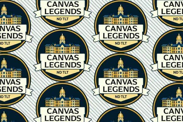 Repeating pattern of circular Canvas Legends logos.  A gold and blue graphic of the Main Building at the University of Notre Dame is above a cream banner with "Canvas Legends" in blue text. Below the banner is "ND TLT" also in blue text. The background is a repeating diagonal pinstripe pattern in navy and white.